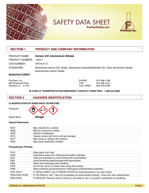 First page of Cerium (IV) Ammonium Nitrate 1404-1 SDS – ProChem, Inc.