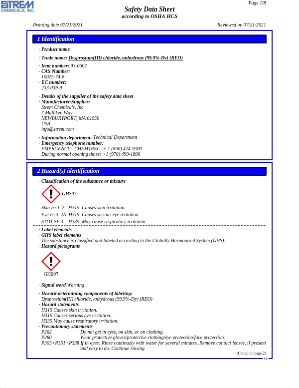 First page of · Trade name: Dysprosium(III) chloride, anhydrous (99.9%-Dy) (REO) 93-6607 SDS – Strem Chemicals, Inc.