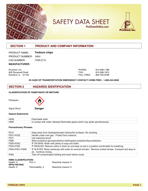 First page of Terbium chips 3454 SDS – ProChem, Inc.