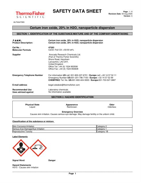 First page of Cerium iron oxide, 20% in H2O, nanoparticle dispersion ALFAA47283 SDS – Avocado Research Chemicals Ltd. (Part of Thermo Fisher Scientific)