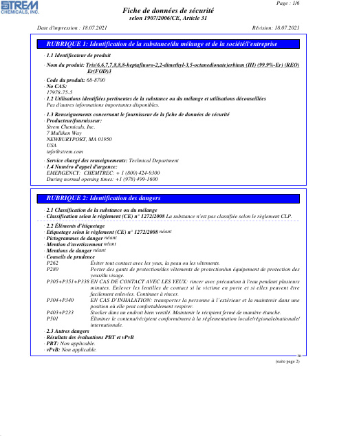 First page of Tris(6,6,7,7,8,8,8-heptafluoro-2,2-dimethyl-3,5-octanedionate)erbium (III) (99.9%-Er) (REO) 68-8700 SDS – Strem Chemicals, Inc.