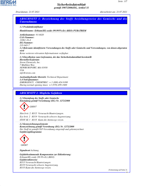 First page of Erbium(III) oxide (99.995%-Er) (REO) PURATREM 93-6820 SDS – Strem Chemicals, Inc.