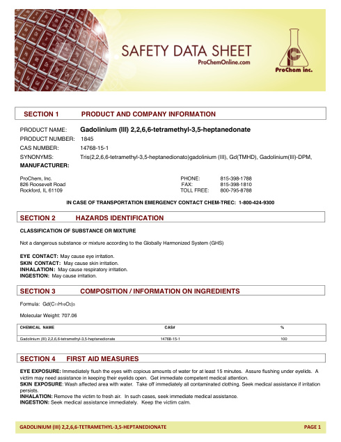First page of Gadolinium (III) 2,2,6,6-tetramethyl-3,5-heptanedonate | SDS | CAS 14768-15-1 | ProChem | 1845 | English