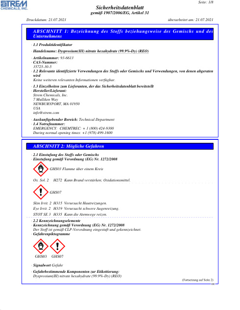 First page of Dysprosium(III) nitrate hexahydrate (99.9%-Dy) (REO) 93-6613 SDS – Strem Chemicals, Inc.