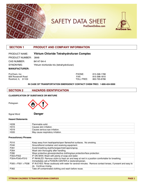 First page of Yttrium Chloride Tetrahydrofuran Complex 3848 SDS – ProChem, Inc.
