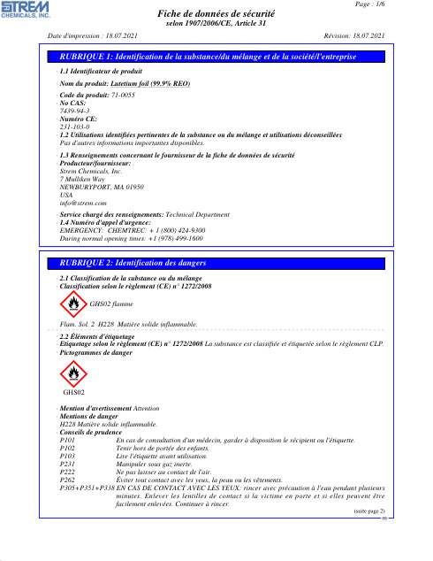 First page of Lutetium foil (99.9% REO) 71-0055 SDS – Strem Chemicals, Inc.