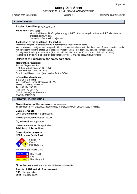 First page of ProHance - Gadoteridol injection | SDS | Bracco | Sheet Code: 270 | English | 02/22/2019 · Version 4