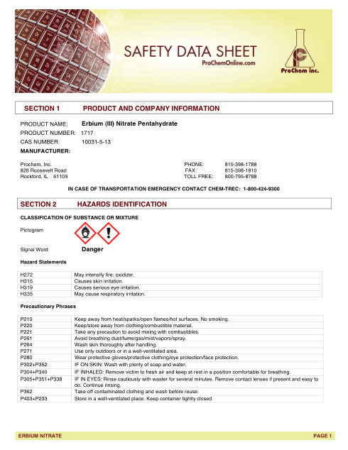 First page of Erbium (III) Nitrate Pentahydrate 1717 SDS – ProChem, Inc.