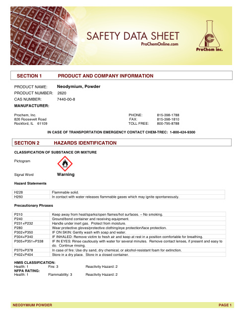 First page of Neodymium, Powder 2620 SDS – ProChem, Inc.