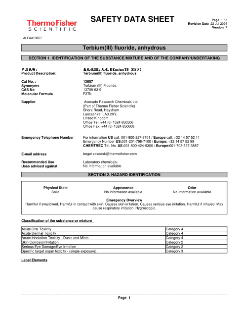 First page of Terbium(III) fluoride, anhydrous ALFAA13657 SDS – Avocado Research Chemicals Ltd. (Part of Thermo Fisher Scientific)