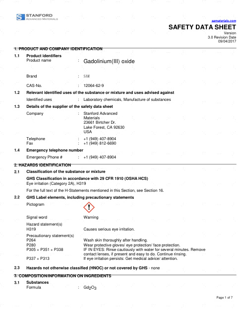 First page of Gadolinium(III) oxide | SDS | CAS 12064-62-9 | Stanford Advanced Materials | English | 09/04/2017 · Version 3.0