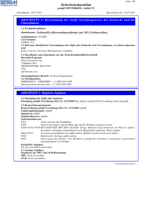 First page of Terbium(III) trifluoromethanesulfonate, min. 98% (Terbium triflate) 65-6000 SDS – Strem Chemicals, Inc.