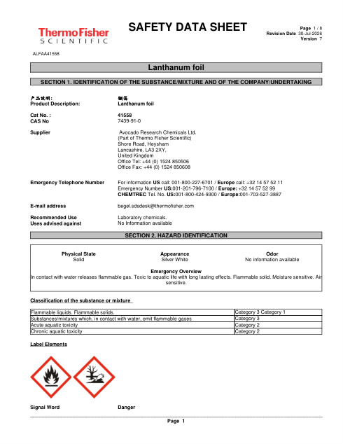 First page of Lanthanum foil ALFAA41558 SDS – Avocado Research Chemicals Ltd. (Part of Thermo Fisher Scientific)