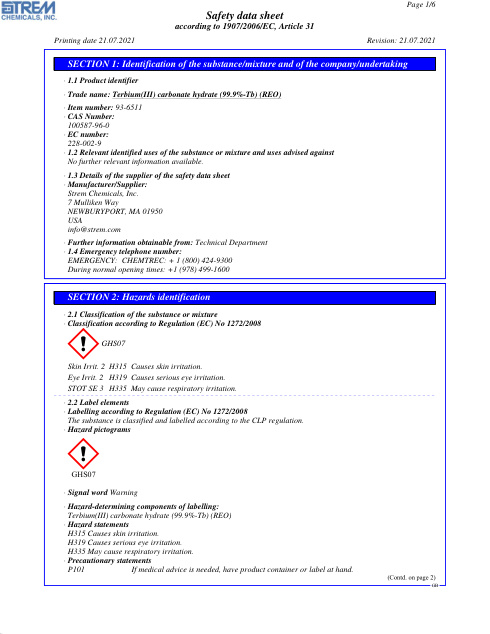 First page of Terbium(III) carbonate hydrate (99.9%-Tb) (REO) 93-6511 SDS – Strem Chemicals, Inc.