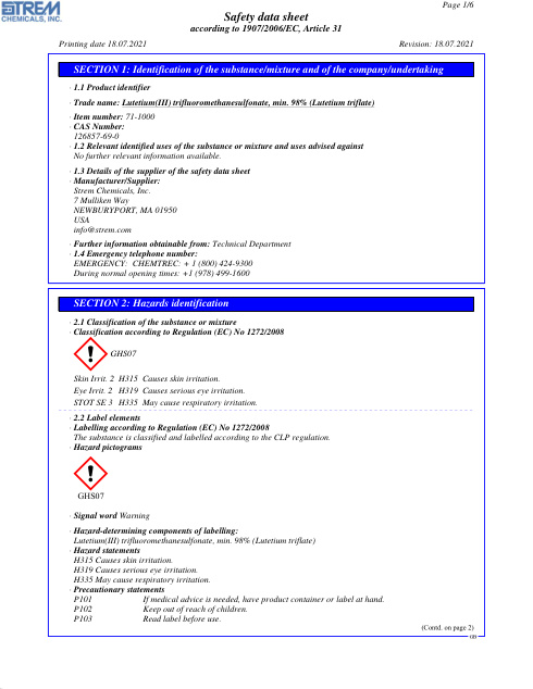 First page of Lutetium(III) trifluoromethanesulfonate, min. 98% (Lutetium triflate) 71-1000 SDS – Strem Chemicals, Inc.