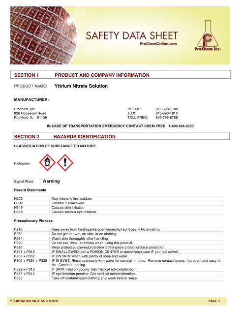 First page of Yttrium Nitrate Solution SDS – ProChem, Inc.