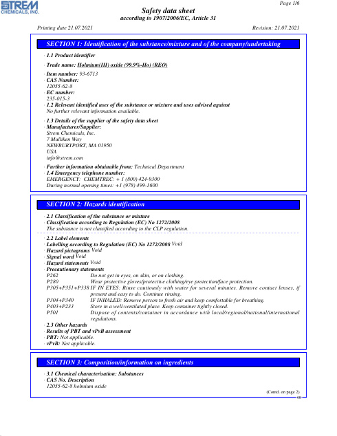 First page of Holmium(III) oxide (99.9%-Ho) (REO) 93-6713 SDS – Strem Chemicals, Inc.