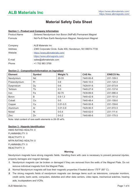 First page of Sintered Neodymium Iron Boron (NdFeB) Permanent Magnet | SDS | ALB Materials Inc. | English | Not stated in original SDS