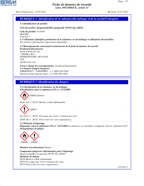 First page of Dysprosium(III) i-propoxide (99.9%-Dy) (REO) 93-6619 SDS – Strem Chemicals, Inc.