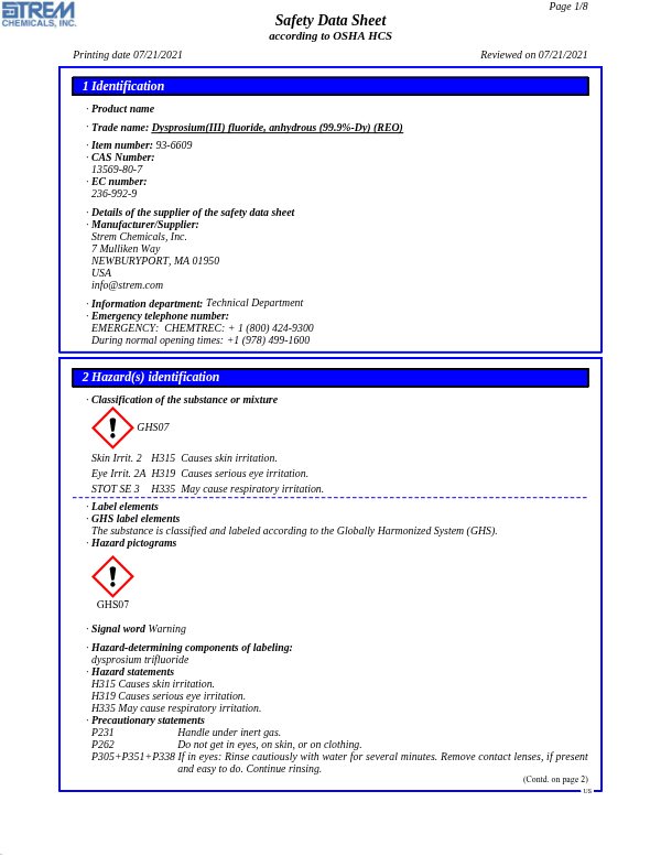 First page of · Trade name: Dysprosium(III) fluoride, anhydrous (99.9%-Dy) (REO) 93-6609 SDS – Strem Chemicals, Inc.