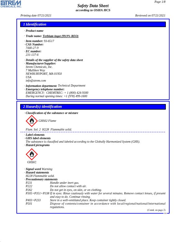 First page of · Trade name: Terbium ingot (99.9% REO) 93-6517 SDS – Strem Chemicals, Inc.