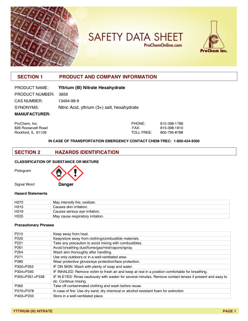 First page of Yttrium (III) Nitrate Hexahydrate 3856 SDS – ProChem, Inc.