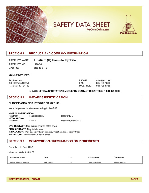 First page of Lutetium (III) bromide, hydrate 2395-1 SDS – ProChem, Inc.