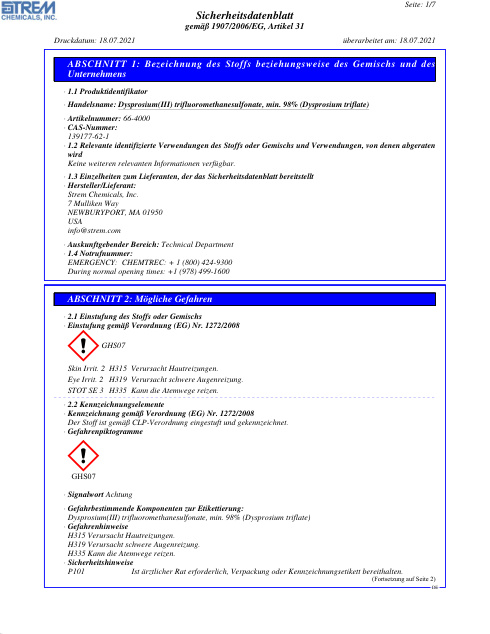 First page of Dysprosium(III) trifluoromethanesulfonate, min. 98% (Dysprosium triflate) 66-4000 SDS – Strem Chemicals, Inc.