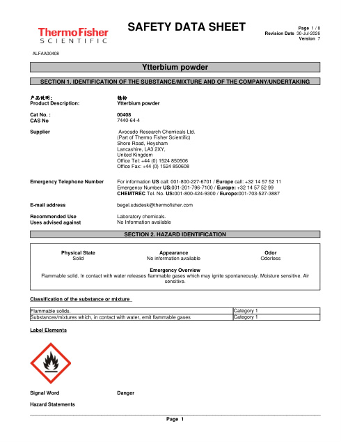 First page of Ytterbium powder ALFAA00408 SDS – Avocado Research Chemicals Ltd. (Part of Thermo Fisher Scientific)