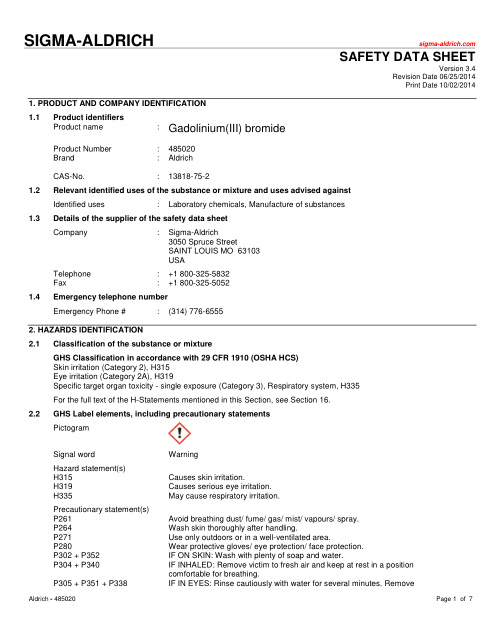 First page of Gadolinium(III) bromide | SDS | CAS 13818-75-2 | Sigma-Aldrich | 485020 | English | 06/25/2014 · Version 3.4