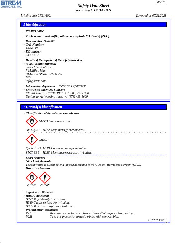 First page of · Trade name: Terbium(III) nitrate hexahydrate (99.9%-Tb) (REO) 93-6508 SDS – Strem Chemicals, Inc.