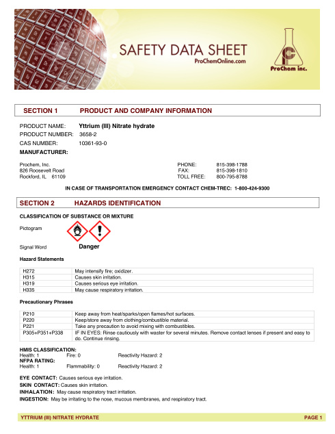 First page of Yttrium (III) Nitrate hydrate 3658-2 SDS – ProChem, Inc.