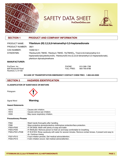 First page of Ytterbium (III) 2,2,6,6-tetramethyl-3,5-heptanedionate 3821 SDS – ProChem, Inc.
