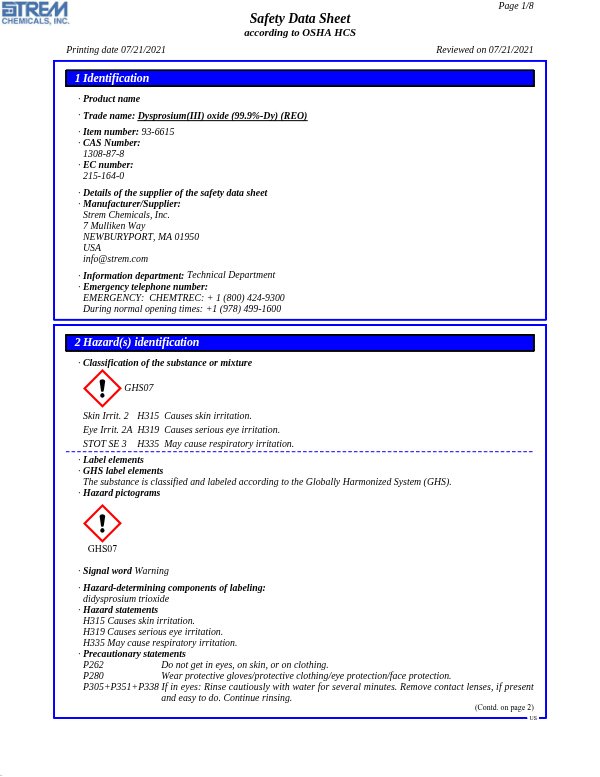 First page of · Trade name: Dysprosium(III) oxide (99.9%-Dy) (REO) 93-6615 SDS – Strem Chemicals, Inc.