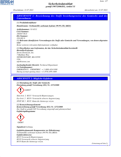 First page of Terbium(III) carbonate hydrate (99.9%-Tb) (REO) 93-6511 SDS – Strem Chemicals, Inc.