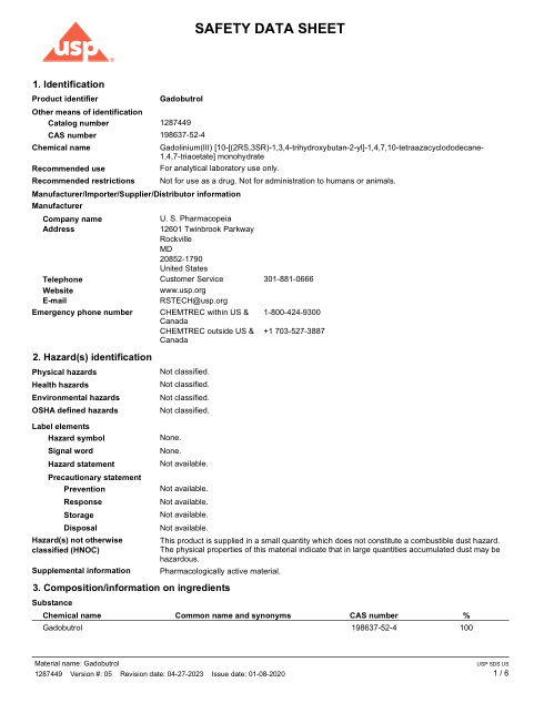 First page of Gadobutrol - USP reference standard | SDS | CAS 198637-52-4 | USP | Gadobutrol | English | 04-27-2023