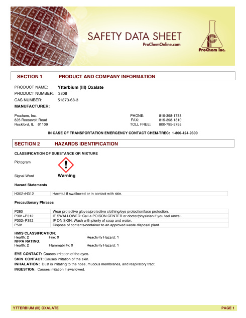 First page of Ytterbium (III) Oxalate 3808 SDS – ProChem, Inc.