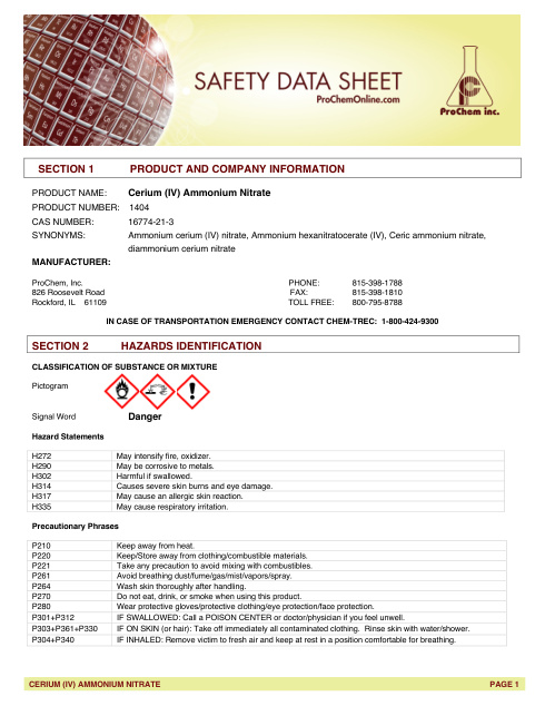 First page of Cerium (IV) Ammonium Nitrate 1404 SDS – ProChem, Inc.