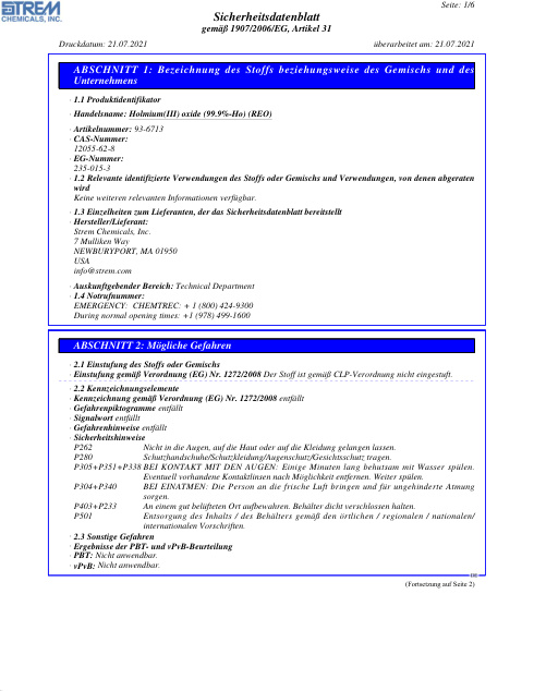 First page of Holmium(III) oxide (99.9%-Ho) (REO) 93-6713 SDS – Strem Chemicals, Inc.