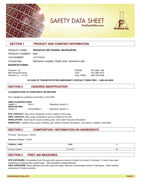 First page of Samarium (III) Oxalate, decahydrate 3094 SDS – ProChem, Inc.