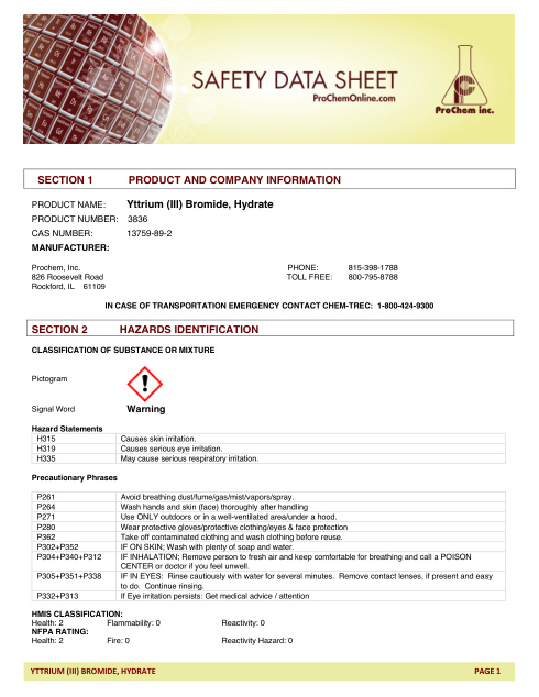 First page of Yttrium (III) Bromide, Hydrate 3836 SDS – ProChem, Inc.