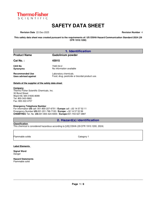 First page of Gadolinium powder | SDS | CAS 7440-54-2 | Thermo Fisher Scientific | 45915 | English | 22-Dec-2025 · Revision 4