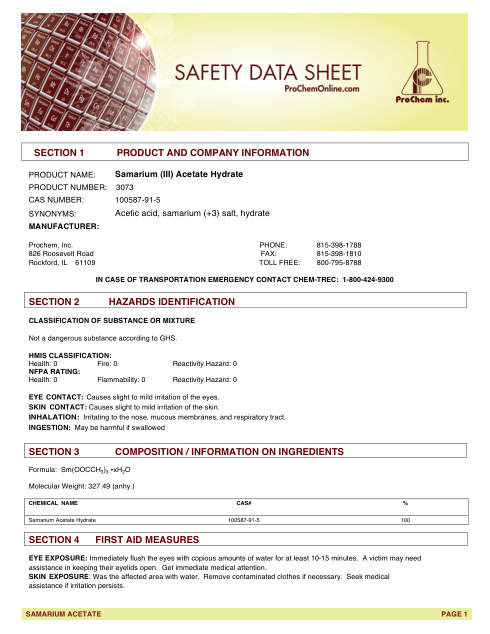 First page of Samarium (III) Acetate Hydrate 3073 SDS – ProChem, Inc.
