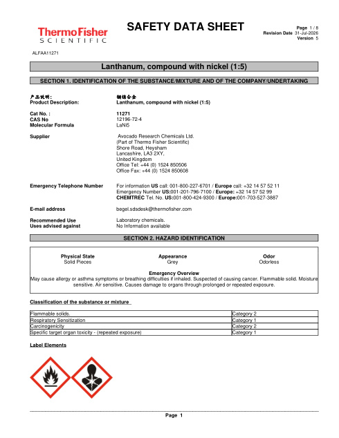 First page of Lanthanum, compound with nickel (1:5) ALFAA11271 SDS – Avocado Research Chemicals Ltd. (Part of Thermo Fisher Scientific)