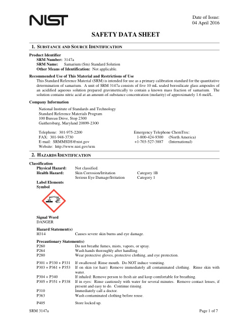 First page of Samarium (Sm) Standard Solution | SDS | National Institute of Standards and Technology (NIST) | SRM 3147a | English | 04 April 2016