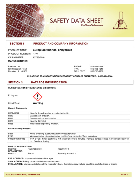 First page of Europium fluoride, anhydrous 1774 SDS – ProChem, Inc.