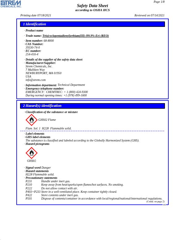 First page of · Trade name: Tris(cyclopentadienyl)erbium(III) (99.9%-Er) (REO) 68-8000 SDS – Strem Chemicals, Inc.