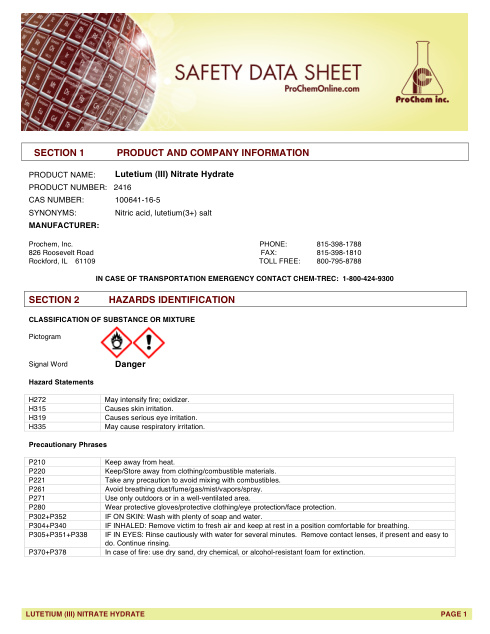 First page of Lutetium (III) Nitrate Hydrate 2416 SDS – ProChem, Inc.
