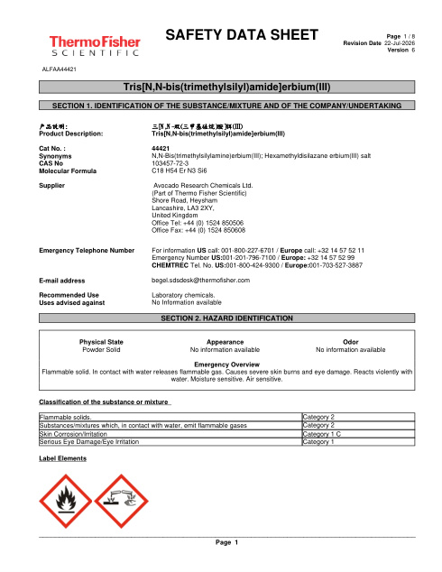 First page of Tris[N,N-bis(trimethylsilyl)amide]erbium(III) ALFAA44421 SDS – Avocado Research Chemicals Ltd. (Part of Thermo Fisher Scientific)