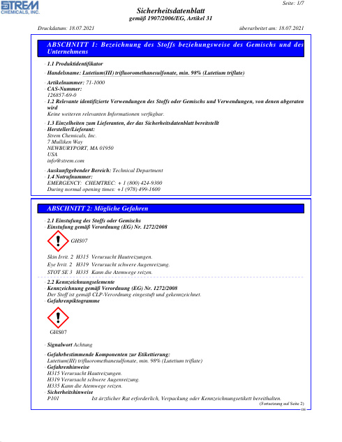 First page of Lutetium(III) trifluoromethanesulfonate, min. 98% (Lutetium triflate) 71-1000 SDS – Strem Chemicals, Inc.